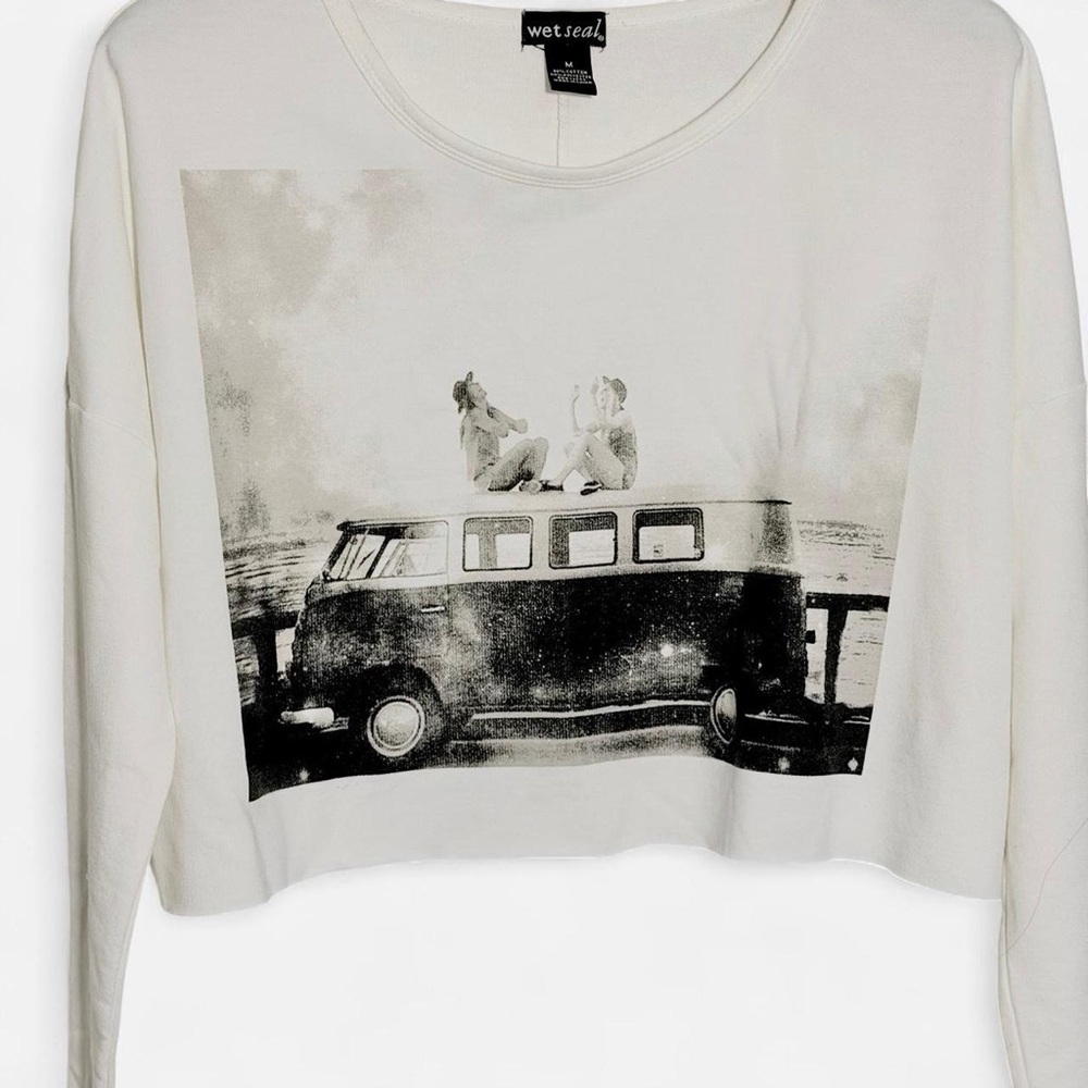 Y2K Wet Seal Volkswagen VW Bus crop Long Sleeve b&W Graphic print tee medium - Picture 3 of 8